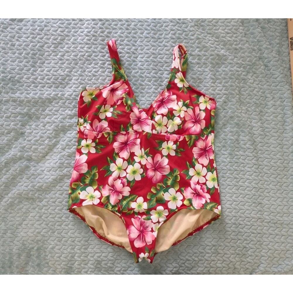 Maxine of Hollywood One Piece Swimsuit Floral Hibiscus Red Tropical Size 24